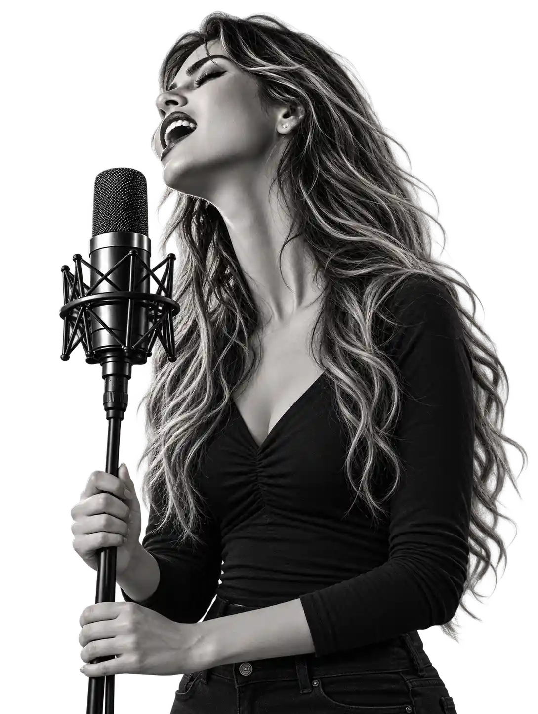 Singer performing into a studio microphone